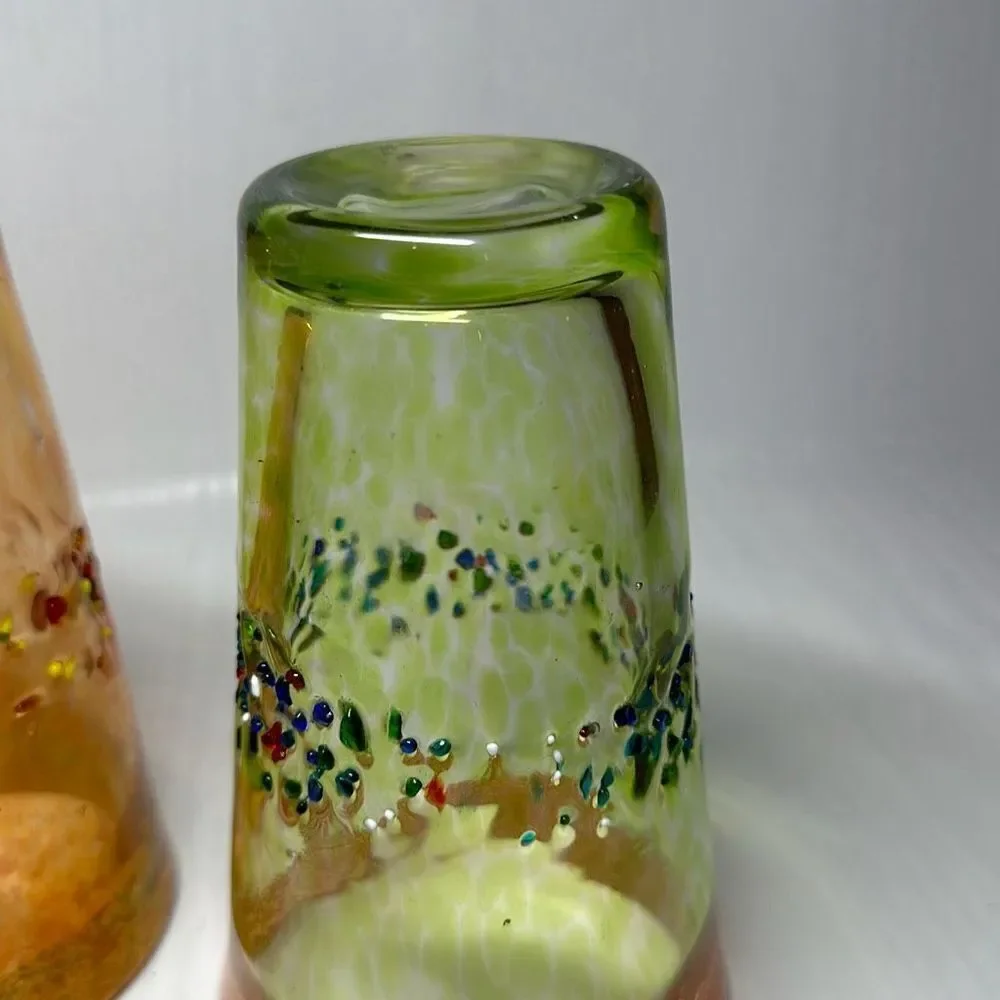 Tinted‎ Green Glass with Textured Specks of Paint and Orange Rim Unique Art Deco